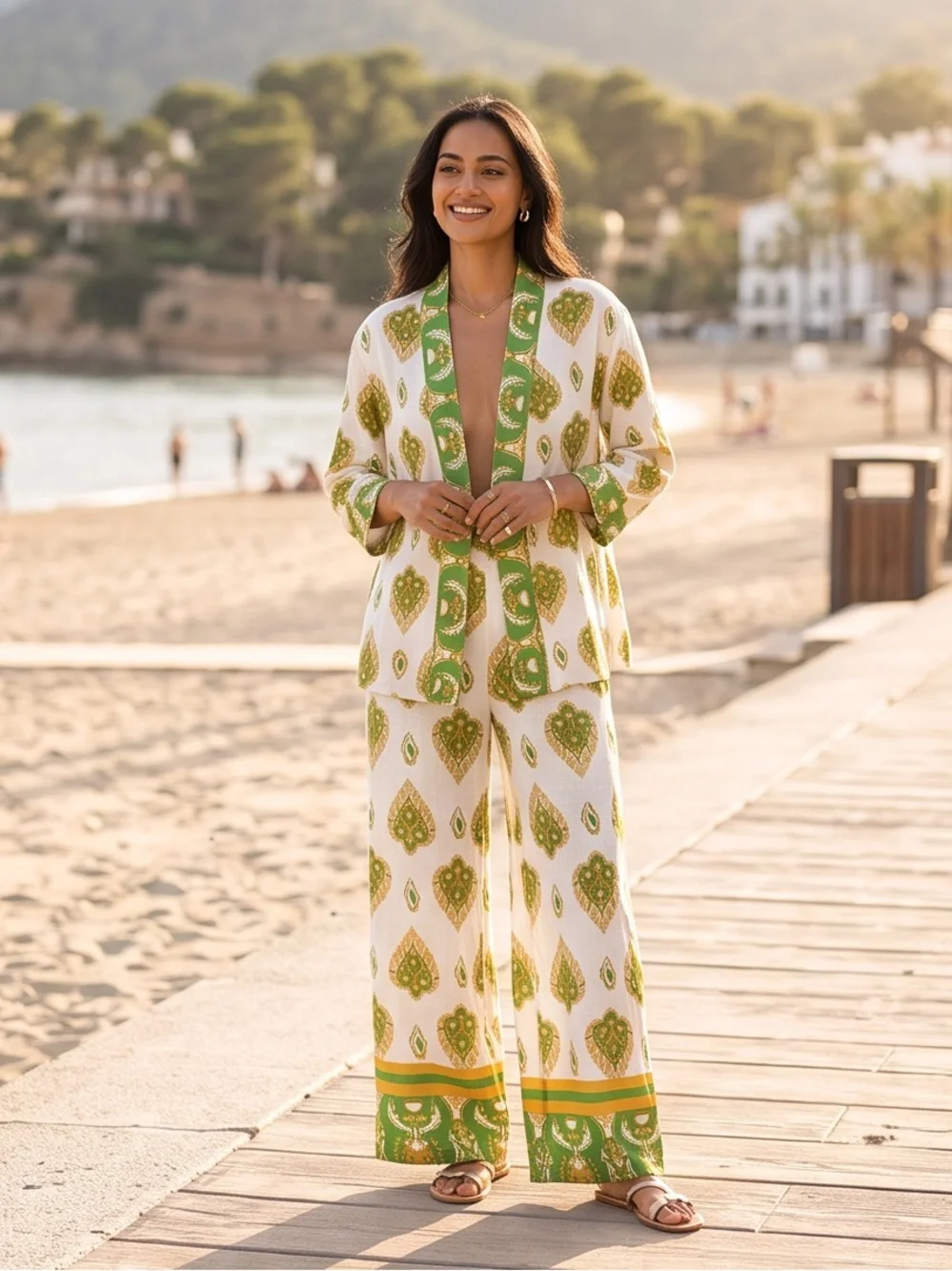 Haute Hippie Women’s White, Green & Gold Printed Linen Wide-Leg Pant Set